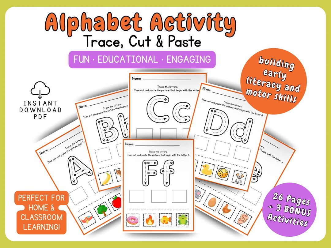 Alphabet Trace Cut and Paste Worksheets A-Z | Preschool Letter ...