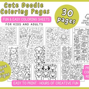 Puede incluir: Un conjunto de 30 páginas para colorear imprimibles con diseños de garabatos únicos para niños y adultos. Las páginas presentan varios temas, incluyendo música, animales y espacio, con el texto "Cute Doodle Coloring Pages".