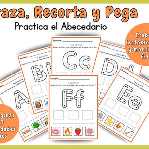 May include: Educational worksheets for tracing, cutting, and pasting letters of the alphabet. The worksheets feature uppercase and lowercase letters, with images to match. The text on the worksheets says "Trace, Cut and Paste, Practice the Alphabet".