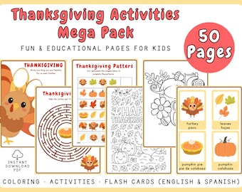 May include: Thanksgiving-themed educational pack for kids. Includes coloring pages, activities, and flash cards. Features illustrations of turkeys, pumpkins, leaves, and mazes. The pack contains 50 pages of fun and learning.