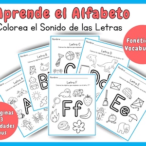 Könnte beinhalten: Ein Satz druckbarer Arbeitsblätter zum Erlernen des Alphabets. Jede Seite zeigt einen Buchstaben mit zugehörigen Bildern zum Ausmalen, zur Förderung von Phonetik und Wortschatz. Die Arbeitsblätter sind für Kinder konzipiert und enthalten den Text "Aprende el Alfabeto".