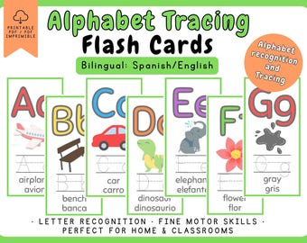 Bilingual Tracing Alphabet Flash Cards Printable | Letter Tracing Cards English & Spanish | Preschool, Kindergarten, ESL | PDF