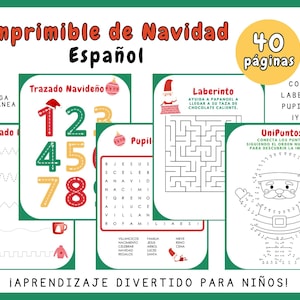 Puede incluir: Un conjunto imprimible de actividades navideñas en español, con ejercicios de trazo, reconocimiento de números, laberintos y juegos de unir puntos. El conjunto incluye 40 páginas de juegos educativos divertidos para niños, con ilustraciones coloridas.