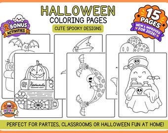 Halloween målarbilder för barn | 15-sidig utskrivbar målarbok | Söta läskiga målarbilder | Klassrum och fester | PDF