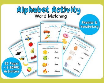 Alphabet Picture-Word Matching Printable: Phonics Activity, Early Literacy, Beginning Sounds A–Z, Preschool and Kindergarten Worksheets(PDF)