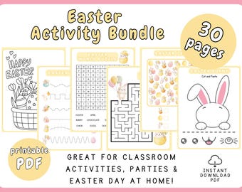 Paquete de actividades de Pascua: 30 páginas imprimibles. Hojas de trabajo y dibujos para colorear para aulas, fiestas o para divertirse en casa sin pantallas (PDF). ¡AHORA CON UN 25 % DE DESCUENTO!
