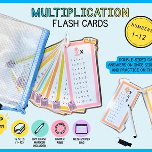May include: Multiplication flash cards for numbers 1-12, featuring double-sided cards with math problems and answers. Includes a clear mesh zipper bag, a binder ring, and a dry erase marker for practice. The cards are laminated for durability.