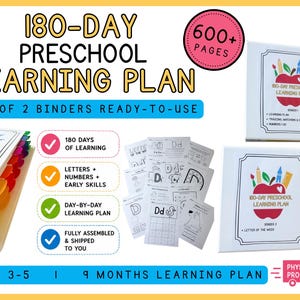 May include: A 180-day preschool learning plan set of two white binders containing over 600 pages of educational materials. The set includes worksheets for letters, numbers, and early skills, featuring colorful dividers and a day-by-day curriculum.