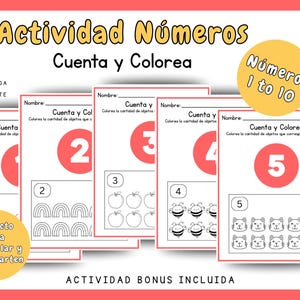 May include: A set of printable educational worksheets for preschool and kindergarten. The worksheets feature numbers 1-5 with counting and coloring activities. The title "Actividad Números" is displayed at the top.
