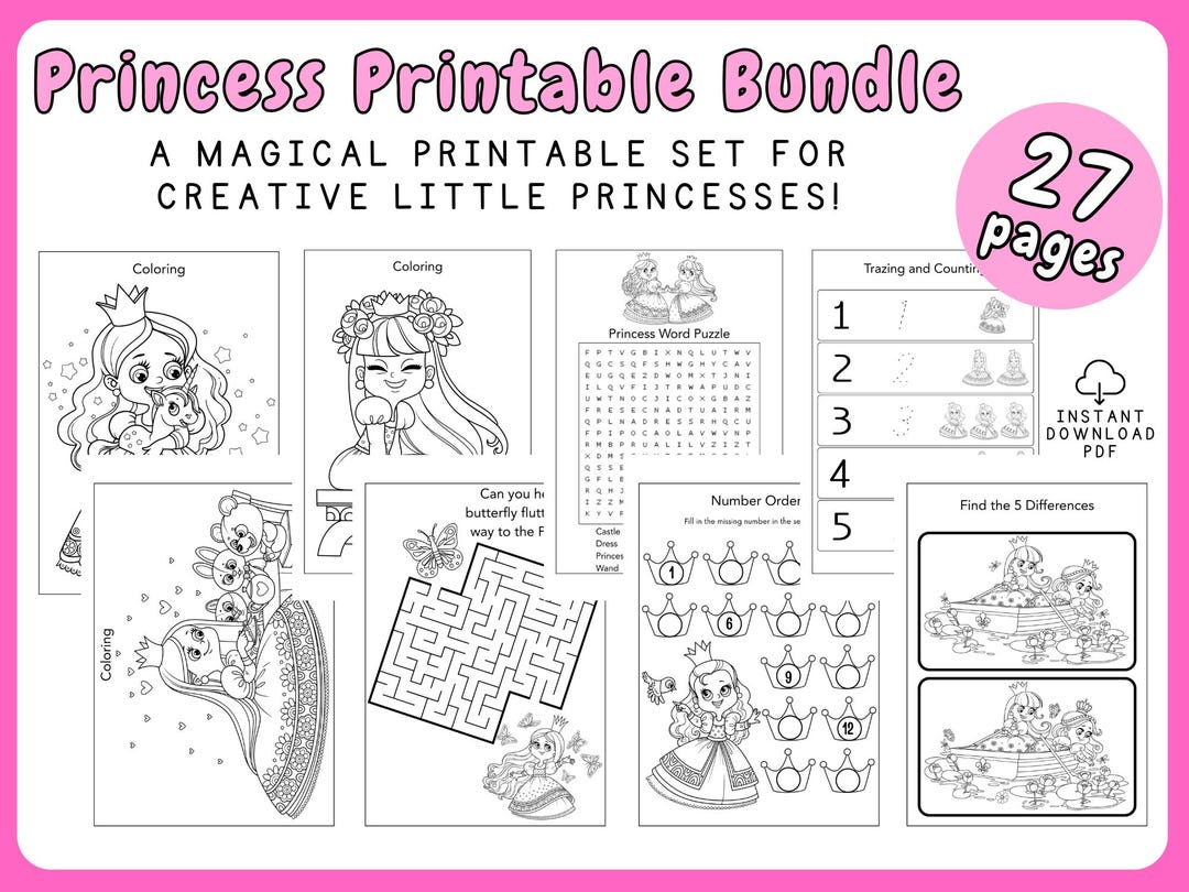 Princess Activities Printable Bundle | 27 Pages Coloring, Mazes, Word ...