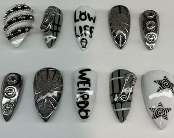 LOWLIFE Gothic Punk Press On Nails, 3D Cat Eye Art, Handmade Application Pack