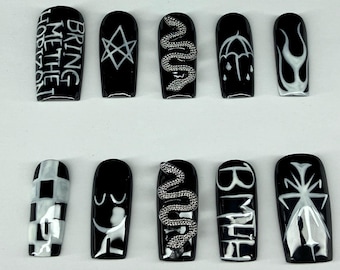 Black and white design press on nails with application pack included