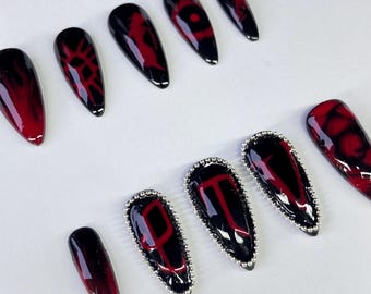 PTV black and red press on nails with chain embellishments application pack included