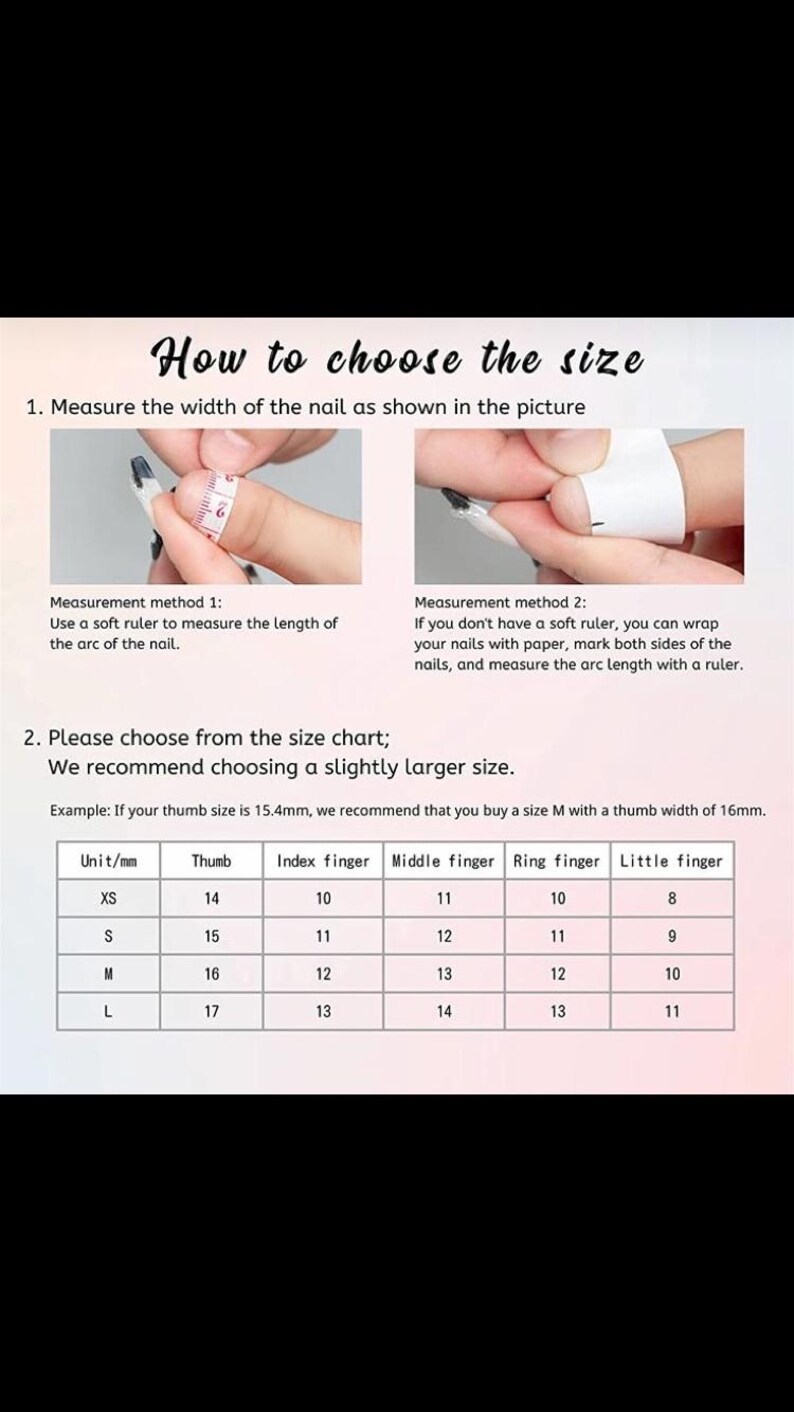 Op de afbeelding: Afbeelding met instructies voor het opmeten van nagels. Bevat twee meetmethoden en een maattabel met duim, wijsvinger, middelvinger, ringvinger en pink metingen in millimeters.