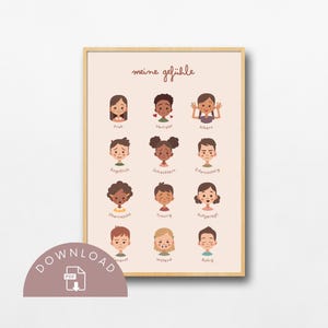 Aprendiendo sentimientos del cartel | Imprimir archivo A4 | Póster educativo | montessori | Niño y niña | Decoración de paredes | Habitación infantil | Sala de juegos