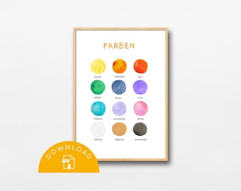 May include: A printable chart with the word "FARBEN" at the top, showing 12 different colored circles with the German word for each color written underneath. The colors are yellow, orange, red, green, blue, purple, turquoise, lavender, pink, white, brown, and black.