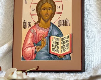 Hand painted Icon of Christ the Savior on wooden board