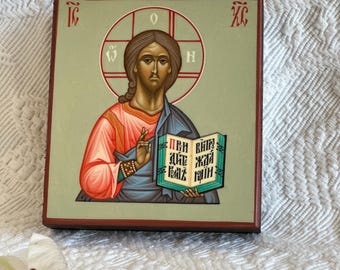 Hand painted Icon of Christ the Savior on wooden board