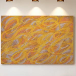 May include: Abstract painting with swirling lines in shades of yellow, orange, and white.