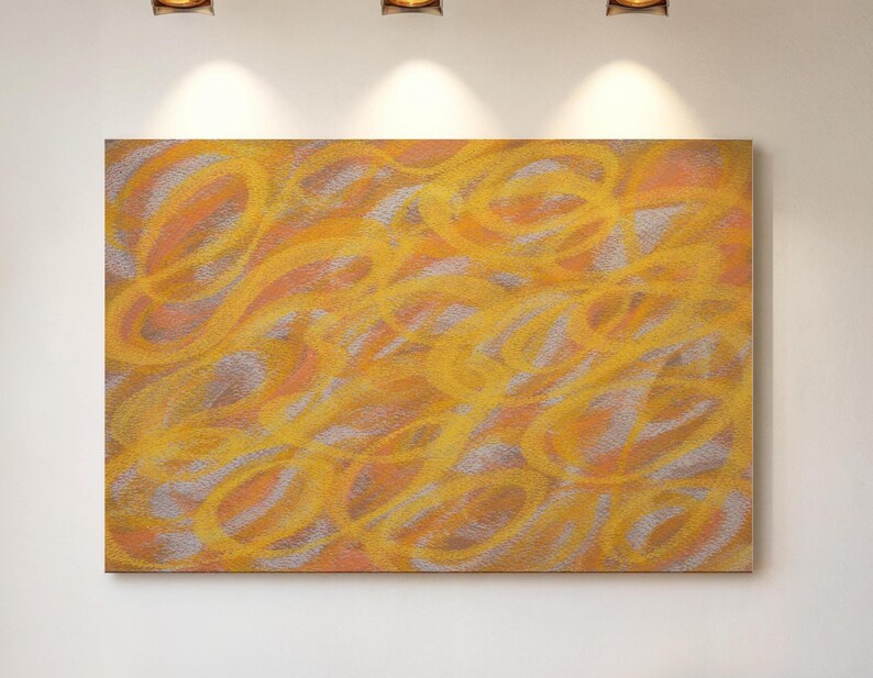 May include: Abstract painting with swirling lines in shades of yellow, orange, and white.