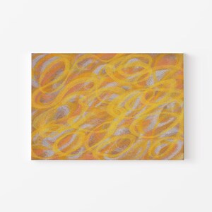 May include: Abstract painting with swirling lines in shades of yellow, orange, and white.