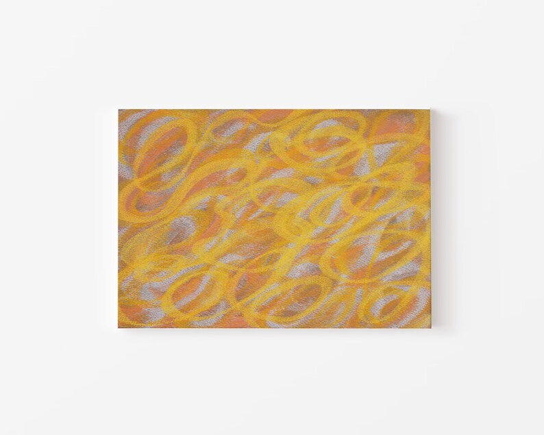May include: Abstract painting with swirling lines in shades of yellow, orange, and white.