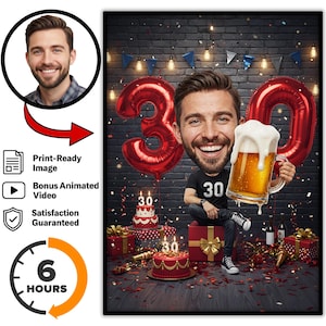 Könnte beinhalten: Digitale Illustration zum 30. Geburtstag. Das Bild zeigt eine Karikatur eines Mannes, der einen Bierkrug hält, mit roten Ballonnummern und Geburtstagskuchen. Der Hintergrund ist eine Backsteinmauer mit festlicher Dekoration.