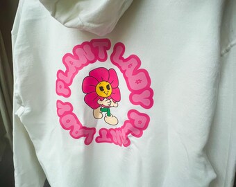 Plant lady hoodie, retro flower hoodie, white pullover, cozy plant sweatshirt, gift for plant lovers, pink hoodie, plant parent hoodie
