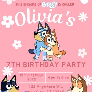 Birthday Girl party invitation. Bluey theme, digital file. Canva download Bluey Birthday Theme, Girl Pink Purple Birthday Invitation, Bluey