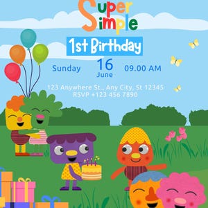 Puede incluir: Una invitación de cumpleaños colorida para un niño llamado Gedaliah. La invitación presenta una ilustración de dibujos animados de una fiesta de cumpleaños con personajes coloridos y regalos. El texto de la invitación dice "Gedaliah's Super Simple 1st Birthday" e incluye la fecha y la hora de la fiesta.