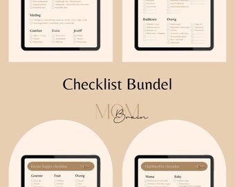 Puede incluir: Cuatro listas de verificación imprimibles para nuevos padres, con los títulos "Luiertas checklist", "Babykamer checklist", "Eerste hapjes checklist", y "Vluchtkoffer checklist". Cada lista de verificación está en un fondo blanco con texto marrón y casillas de verificación. Las listas de verificación están diseñadas para ayudar a los padres a prepararse para la llegada de su bebé y sus primeros años.