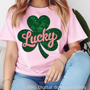 Lucky Shamrock PNG, St. Patrick&#39;s Day Clover Sublimation, Pink and Green Irish Clover Clipart, Lucky Word PNG for Shirts, Stickers, Mugs