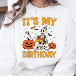 Halloween Birthday Skeleton PNG – Party Hat, Cake & Pumpkins Clipart