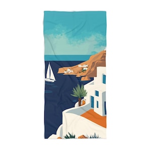 Toalla de playa de Mykonos - Póster de viaje vintage - Postal retro, toalla de piscina, decoración de playa, decoración de crucero, decoración de viaje, regalo para viajeros
