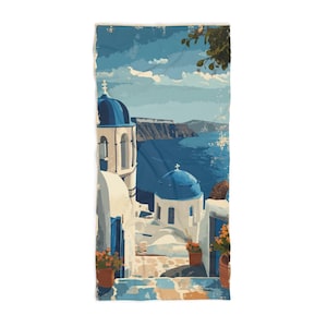 Toalla de playa de Santorini - Póster de viaje vintage - Postal retro, Toalla de piscina, Decoración de playa, Decoración de crucero, Decoración de viaje, Regalo para viajeros
