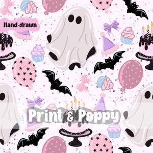 Könnte beinhalten: Ein sich wiederholendes Muster mit weißen Geistern, schwarzen Fledermäusen, rosa Luftballons mit Sternen oder Punkten, Cupcakes, Partyhüten und Kuchen mit Kerzen auf einem hellrosa Hintergrund mit Glitzer. Der Text Hand-drawn und Print & Poppy ist sichtbar.