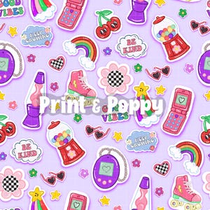 May include: A repeating pattern of retro-themed stickers on a lavender background. The stickers include a rainbow, cherries, a gumball machine, a roller skate, a flip phone, and a lava lamp. The text "Print & Poppy Vibes" is also present.
