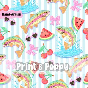 May include: A repeating pattern on a light blue and white striped background featuring rainbow-coloured trout jumping from blue water splashes, pink bows, red cherries, heart-shaped sunglasses, and watermelon slices with the text Hand-drawn Print & Poppy.