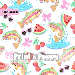May include: A repeating pattern on a white background featuring rainbow-coloured trout jumping from blue water splashes, red cherries, pink bows, heart-shaped sunglasses, and watermelon slices. The text Hand-drawn and Print & Poppy is visible.