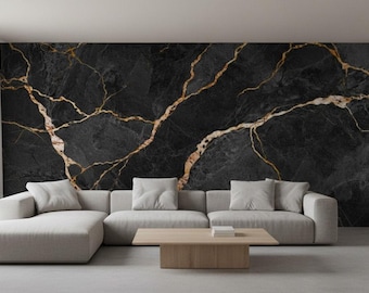 Black Marble Wallpaper | Gold Veins, Peel and Stick Wall mural wall art Self-Adhesive