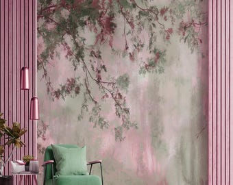 Impressionistische Waldtapete, rosa Salbei grüner botanischer Baum (Peel & Stick)