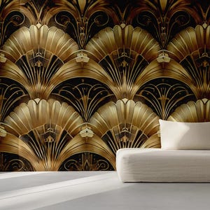 Carta da parati con motivo Art Déco dorato / Lussuosa arte murale ispirata al vintage / Elegante design metallico per interni senza tempo