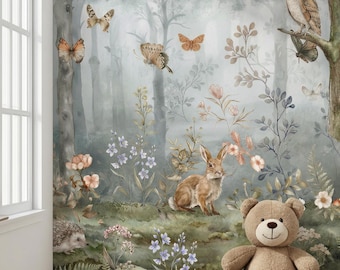 Papier peint animaux de la forêt pour chambre d'enfant, décoration murale bois, décoration murale forêt aquarelle