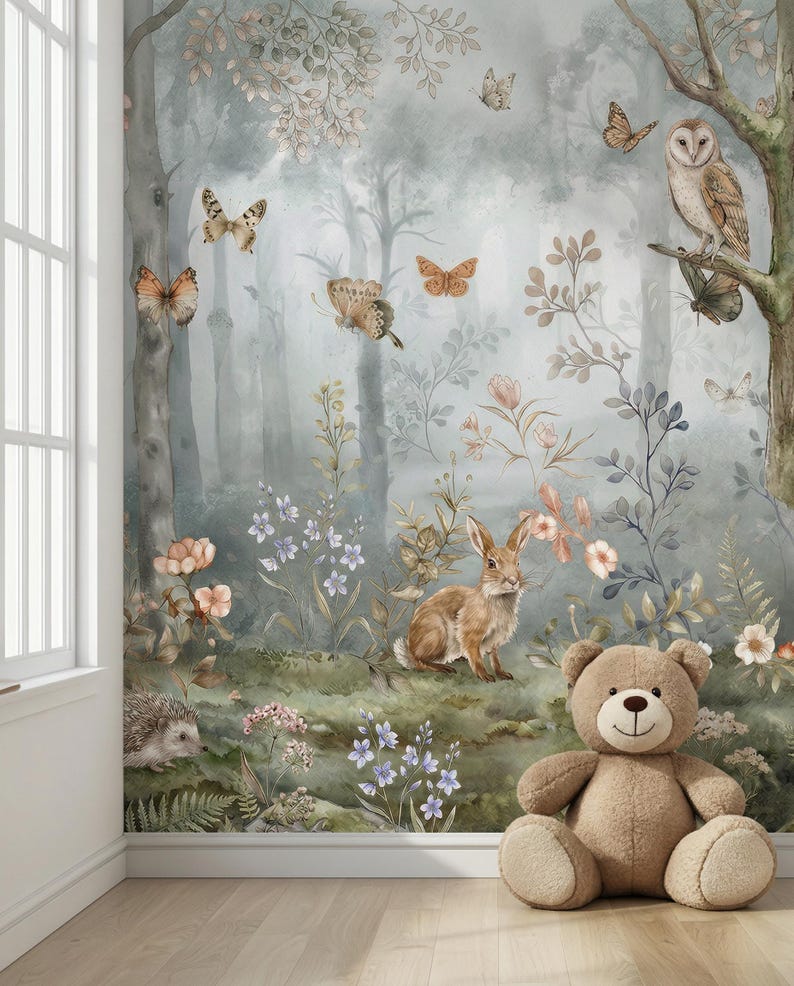 Forest Animals Wallpaper for Nursery, Woodland Mural Peel and Stick ...