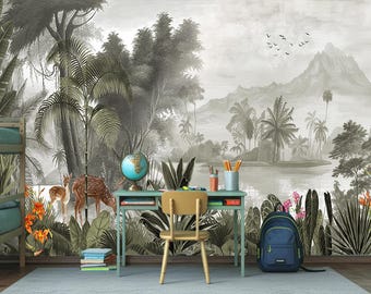 May include: A jungle-themed mural in shades of gray and green, featuring a mountain range, lake, and lush vegetation. A desk with a globe and school supplies sits in front of the mural. A blue backpack and bunk bed are also visible.