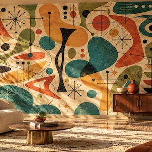 May include: A wall mural featuring a mid-century modern abstract pattern with organic shapes in teal, orange, yellow, and black. The design includes thin black lines, starburst motifs, and geometric circles layered over a textured off-white background.