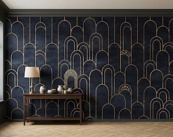 Navy Gold Art Deco Arch Wallpaper, Geometric Luxury Wall Mural (Peel and Stick)