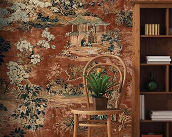 Vintage Chinoiserie Tapete, Terrakotta Garten Wandbild, Asiatische Landschaftswanddekoration