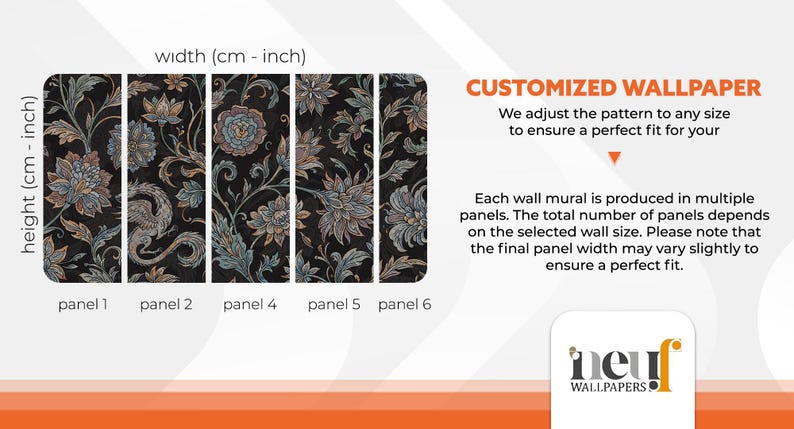 May include: Customized wallpaper panels with a dark background and floral patterns in teal, beige, and gray. The image shows the width and height measurements in centimeters and inches. The text reads "CUSTOMIZED WALLPAPER" and "neuf WALLPAPERS".