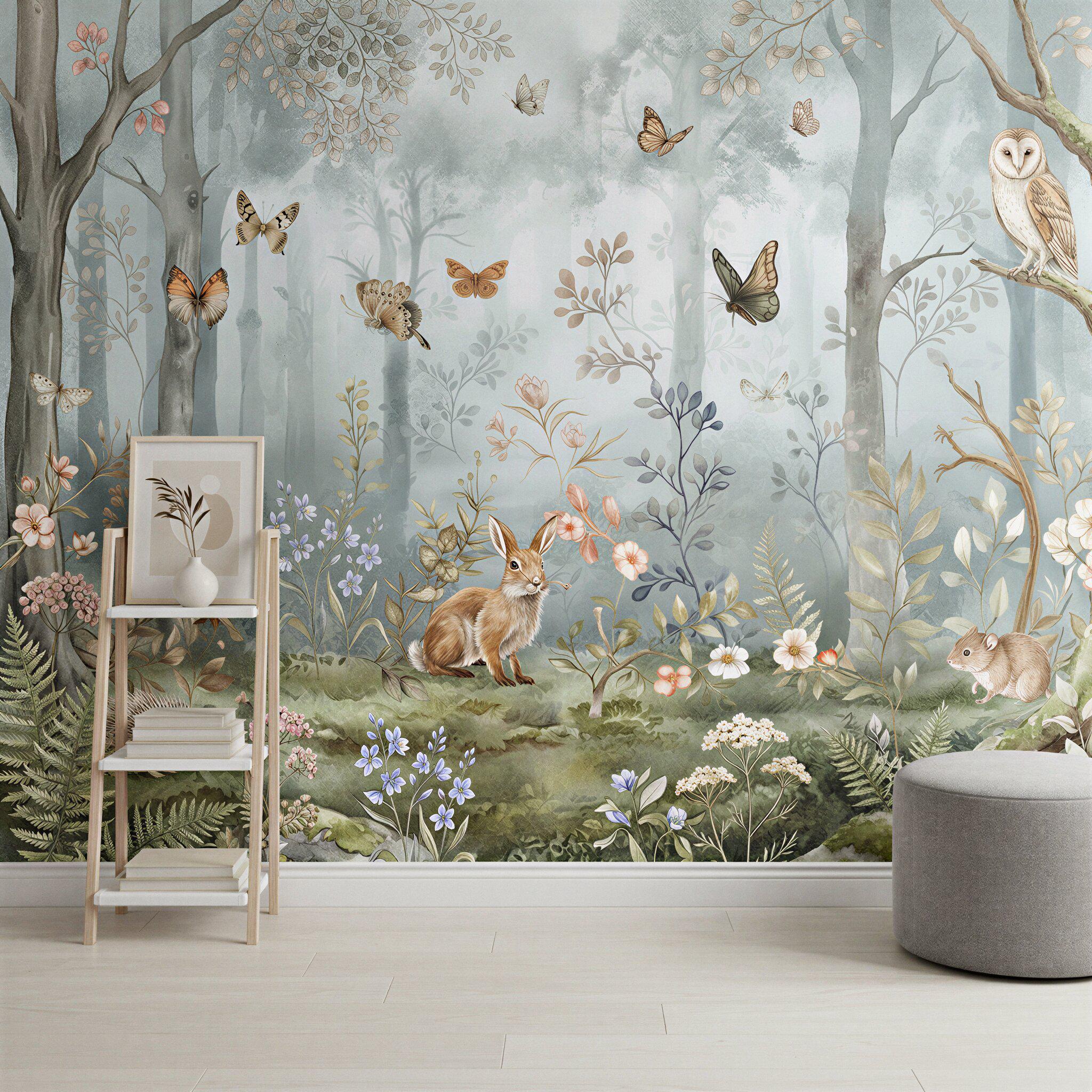 Forest Animals Wallpaper for Nursery, Woodland Mural Peel and Stick ...